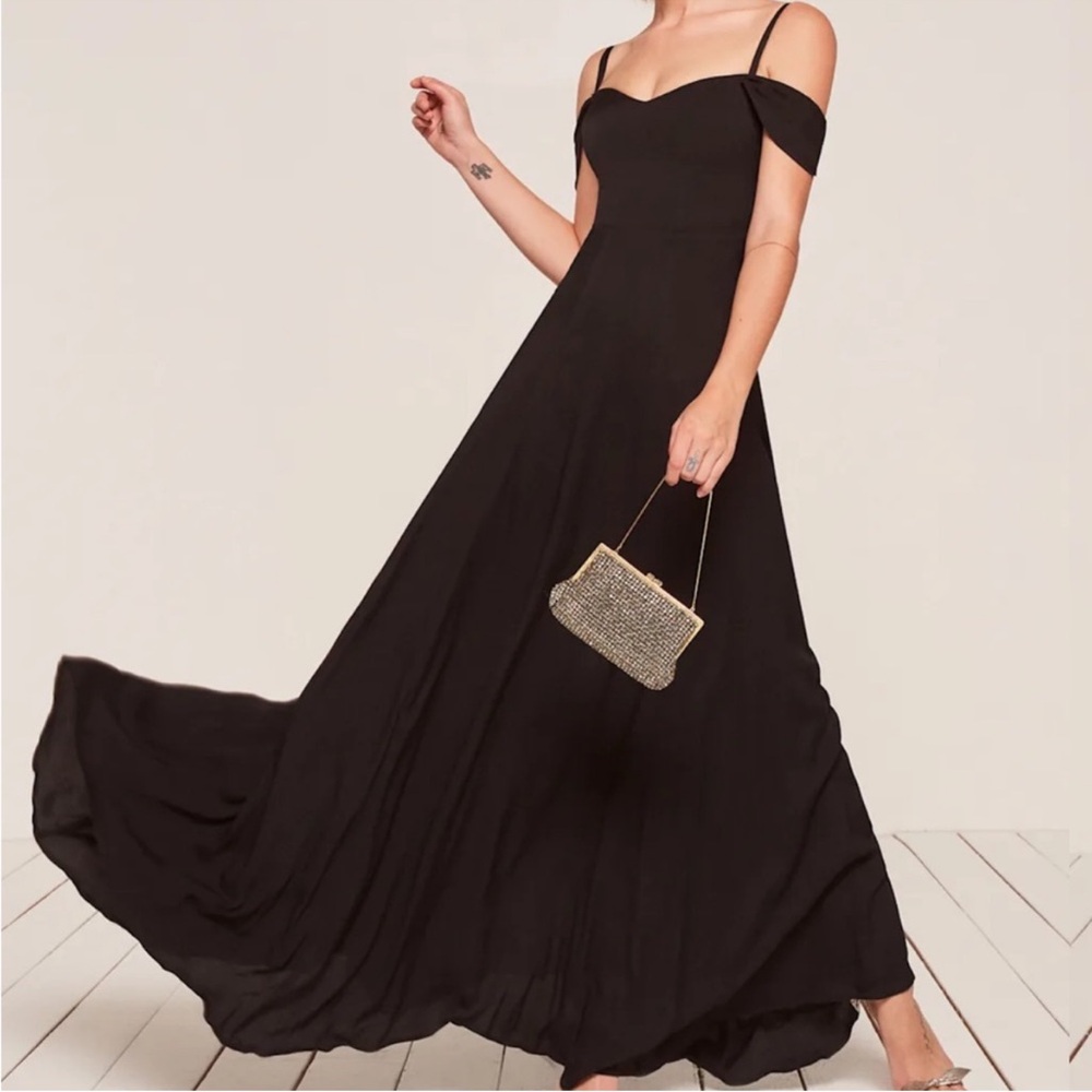Reformation Poppy Long Dress Black Cold Shoulder Sweetheart Neckline Size 0